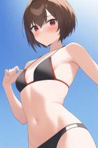 girl, brown very short cropped hair, red eyes, fit body, small breast, bikini s-889131643.png
